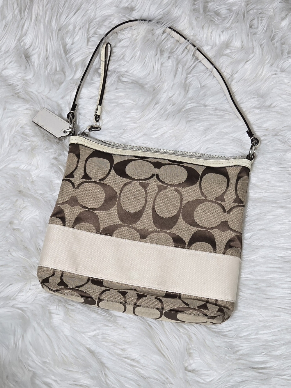 Coach Brown Signature Canvas and Cream Trim Shoulder Bag